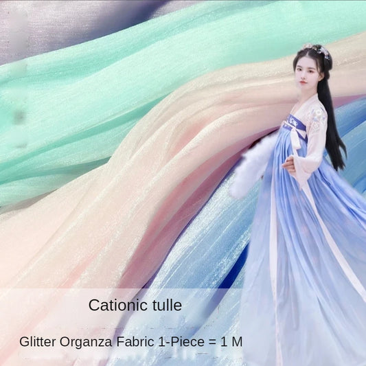 Organza Glitter Crepe Fabric By The Meter for Hanfu Skirt Clothing Dress Sewing Silver Extile Sequined Blue Cloth Cationic tulle
